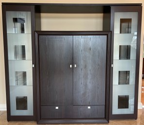 Media Storage Unit With Lighted Glass Door Cabinets, Large Drawers, & Glass Shelves