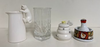 Climbing Kitten Pitcher, Avon Heart Shaped Vase, Honeycomb Bee Hive Honey Jar & Mortar/pestle - 6 Pieces