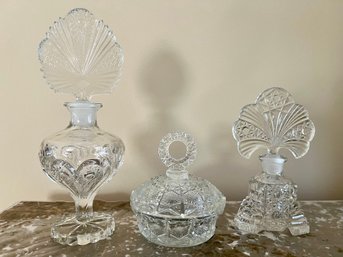 Glass Cut Perfume Bottles & Dish - 3 Pieces