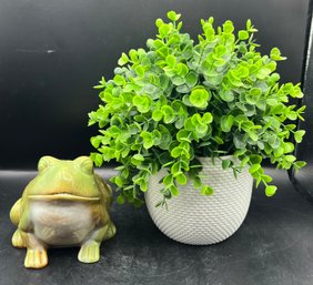 Ceramic Frog Statue & Faux House Plant - 2 Pieces