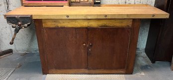 Wooden Work Bench With Cabinets And Drawers