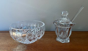 Baccarat Crystal Mustard Jar With Spoon & Crystal Cut Bowl - 3 Pieces