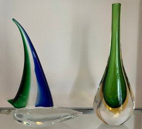 Murano Glass Vase & Glass Sailboat Sculpture - 2 Pieces