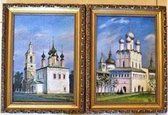 Signed Russian Church Architecture Oil Paintings On Canvas Framed - Set Of 2