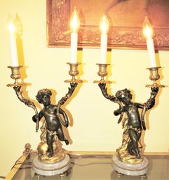 Gilt Bronze Cherub 2-arm Candelabra Lamps - Set Of 2