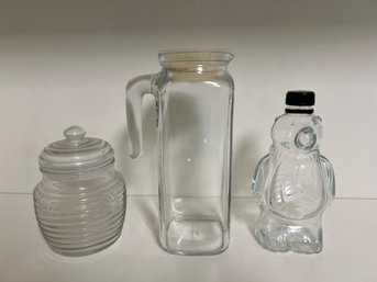 Ribbed Glass Lidded Jar, Glass Pitcher & Bear Shaped Glass Bottle - 3 Piece Lot