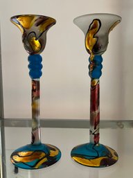 Hand Painted Taper Candlestick Holders - 2 Pieces