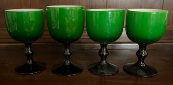 Vintage Carlo Moretti Italy Green White Cased Glass Wine Glasses- 4 Pieces