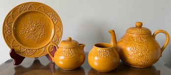 Bordallo Pinheiro Portugal Gold Bouquet Flowers Plate, Teapot, Creamer & Sugar Bowl - 4 Pieces