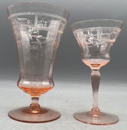 Pink Depression Glass Etched Floral Pattern Glassware - 7 Glasses Total