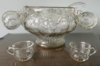 Jeanette Glass Embossed Fruit Design Punch Bowl With Ladle & Cups - 14 Pieces