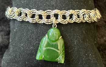 Sterling Silver Chain Linked Jade Like Buddha Bracelet 0.54 Ozt
