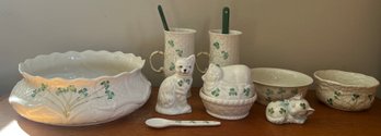 Belleek Dalriada Shamrock Serving Bowls, Trinket Dishes & Glasses - 12 Pieces