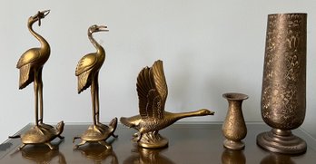 Brass Cranes, Canadian Goose And Etched Vases - 5 Piece Lot