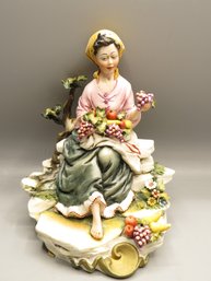 Capodimonte 'garanzia' Woman Sitting With Fruit Porcelain Figurine - Made In Italy