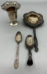 Sterling Tea Strainer, 1847 Rogers Bros Silver Plate Curved Handle Baby Spoon, BSCEP Small Vase, Victor And Co