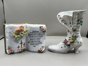 Porcelain Prayer Book & Porcelain Boot Planter, 2 Piece Lot