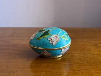 Cloisonne Blue Enamel And Pink Tulip Lateral Open Egg