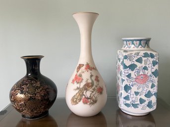 Shibata Japan Vase, Norleans Italy White Glass Vase & Chinese Chinoiserie Vase - 3 Pieces