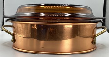 Anchor Hocking Amber Glass 1.5 Qt Casserole W Copper Holder Brass Handle