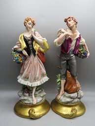 Capodimonte Porcelain Lady With Flowers In  Basket & Man With Basket - Made In Italy/set Of 2