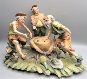 Capodimonte Porcelain Three Men Playing Dice On Tree Stump - Made In Italy