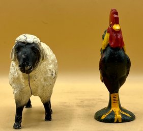 Cast Iron Sheep Bank With Cast Iron Rooster Decor