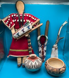 Native American Handmade Doll, Cradle Board, Pottery Vases & Antler Rattle - 5 Pieces