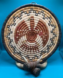 Hopi Pima Hand Woven Flat Eagle Basket/plate With Antler Display Stand - 2 Pieces