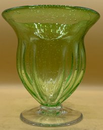 Hand Blown Bubble Green Glass Pedestal Vase
