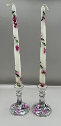 Hand Pained Candlesticks & Holders Set Of 2