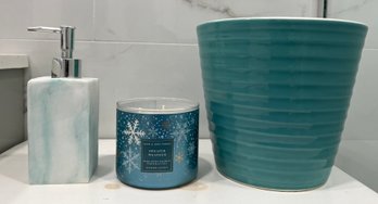 Marble Resin Soap Dispenser, Bath & Body Works Sweater Weather Candle & Blue Portugal Ringware Vase/bin - 3pcs