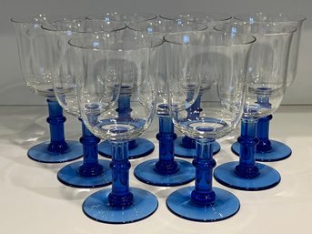 Crystal Blue Stemmed Glasses - 9 Pieces