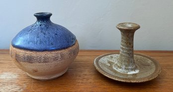 Hand Made Pottery Vase & Candlestick Holder - 2 Pieces