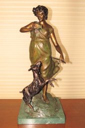 Solid Brass On Marble Greek Goddess With Goat Sculpture
