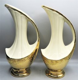 Mid Century Savoy China White & Weeping Gold Pitcher/vase - Set Of 2