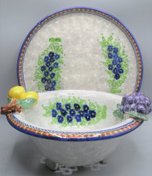 Lavorato A Mano/hand Painted Grapes, Lemon Ceramic Plate & Strainer - Set Of 2