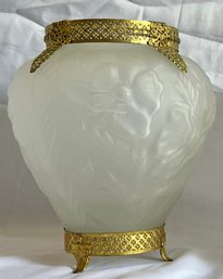 Tiffin Co Frosted Glass Poppy Ormolu Trim Vase Luminary Pair