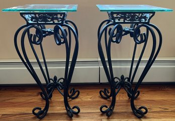 Wrought Iron Plant Stands With Glass Top - 2 Piece Lot