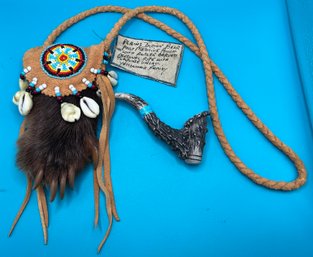 Plains Indian Bear Paw Medicine Pouch & Antler Carved Personal Pipe With Turquoise Inlay - 2 PCS