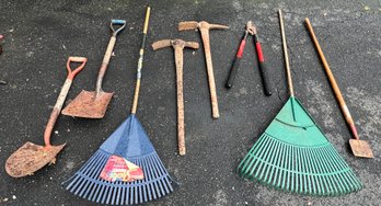 Assorted Lawn Tools, Racks, Shovels, Axe Picks - 8 Pieces