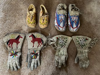 Native American Beaded Gauntlet Gloves & Beaded Sioux Moccasins - 8 Pieces