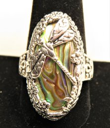 Sterling Silver 925 Abalone Dragonfly Ring - Size 12