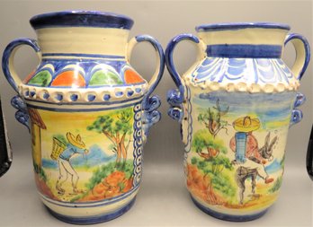 Hand Painted Handled Pottery Jug/vase - Lot Of 2