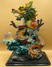 Multi Colored Dragon Statue With Gazing Ball
