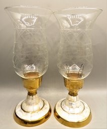 Glass, Brass & Mother Of Pearl  Hurricane Style Candlestick Holders - Set Of 2