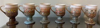 Footed Pottery Handled Mugs - 6 Pieces