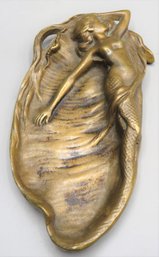 Art Nouveau Solid Bronze Nude Maiden Mermaid Lady In Brass Vanity Tray - Vintage