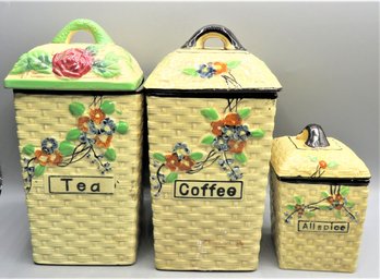 'tea, Coffee, Allspice' Hand Painted Ceramic Cannisters With Lids - Set Of 3 - Made In Japan