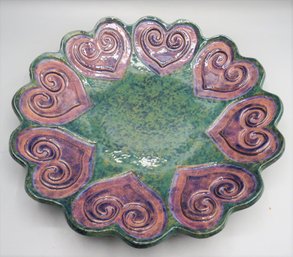 RM Signed Hand Sculpted Pottery Heart Motif Plate